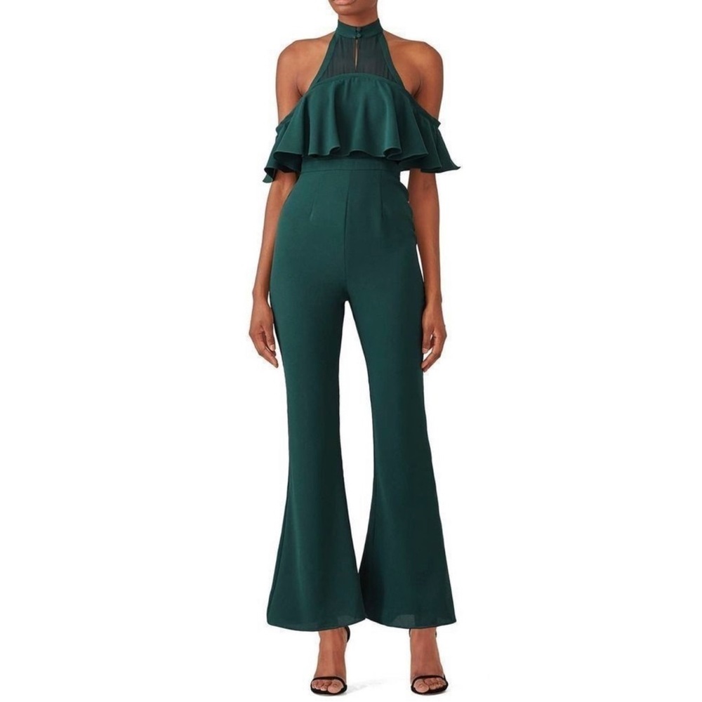 FAME& PARTNERS Green The Ellis Jumpsuit Flare Leg Size 2 Ruffle